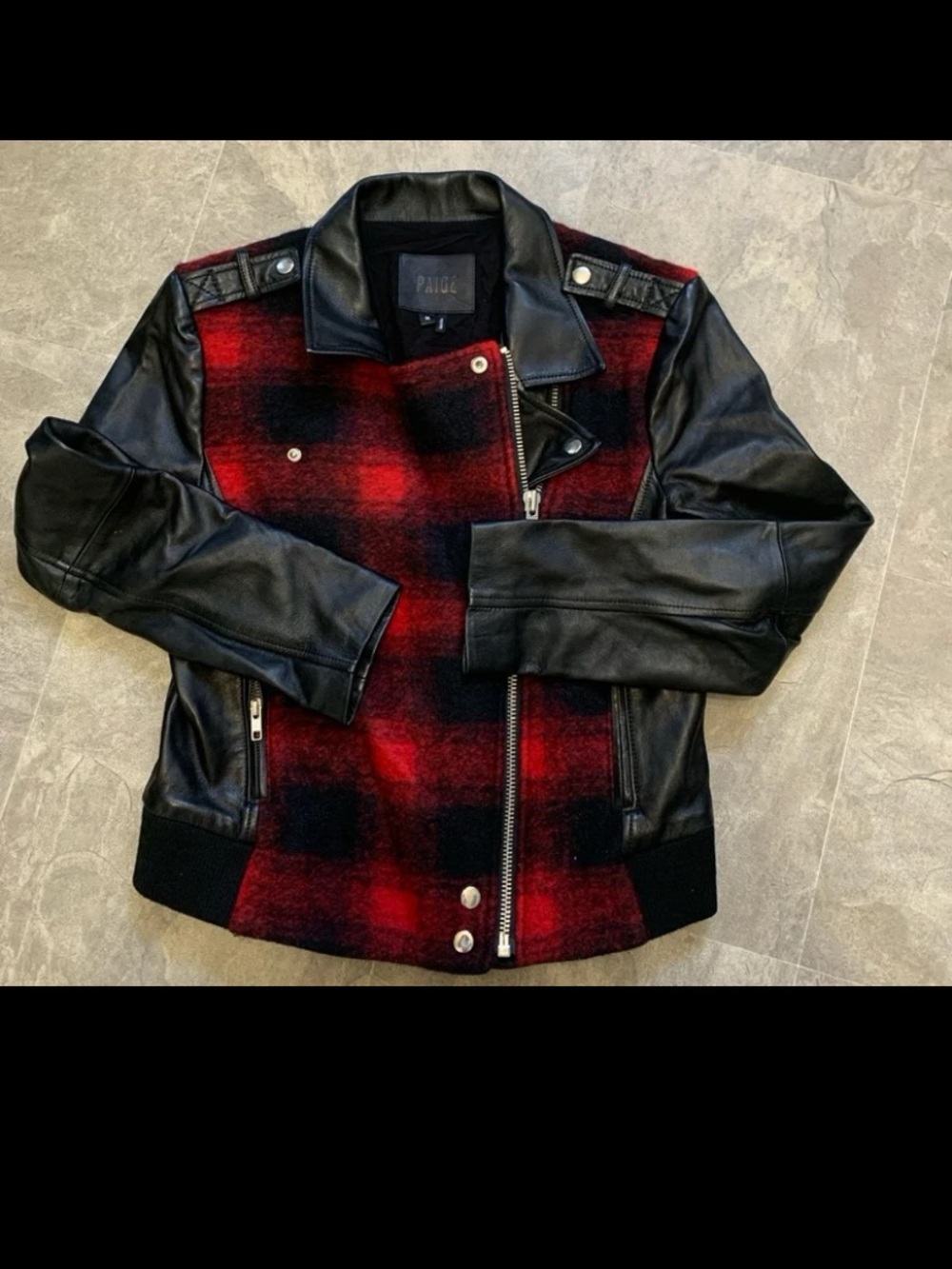 PAIGE Black Leather Moto Jacket with Red Plaid Front medium women